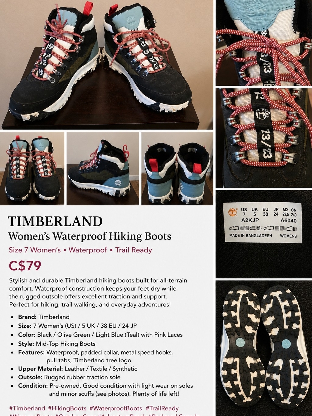 Timberland Black Olive Green and Light Blue Lace-Up Women's Boots